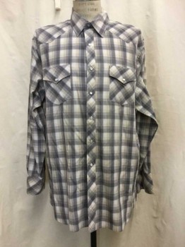 WHT HOUSE BLK MKT, White, Gray, Beige, Cotton, Polyester, Plaid, White/gray/beige Plaid, Snap Front, Collar Attached, Long Sleeves, 2 Flap Pockets