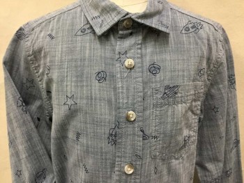CAT & JACK, Blue, White, Navy Blue, Cotton, Heathered, Novelty Pattern, Heather Blue/white W/navy Stars, Zig-zag, Space Ships, Collar Attached, Button Down, Button Front, 1 Pocket, Long Sleeves,