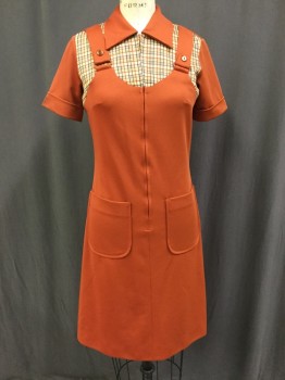 NO LABEL, Rust Orange, Cream, Yellow, Brown, Polyester, Solid, Plaid - Tattersall, Collar Attached, Short Sleeves with 1.5" Cuff, Center Front Zipper, 2 Patch Pockets on Front of Skirt, Dress Length is to the Knee, Dress Has Faux Overall Straps with Buttons, Body of Dress is Rust Orange, Bodice Has Inset of Plaid.