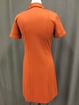 NO LABEL, Rust Orange, Cream, Yellow, Brown, Polyester, Solid, Plaid - Tattersall, Collar Attached, Short Sleeves with 1.5" Cuff, Center Front Zipper, 2 Patch Pockets on Front of Skirt, Dress Length is to the Knee, Dress Has Faux Overall Straps with Buttons, Body of Dress is Rust Orange, Bodice Has Inset of Plaid.