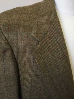 Mens, Sportcoat/Blazer, SOUTHWICK NORDSTROM, Olive Green, Orange, Maroon Red, Dk Olive Grn, Lt Brown, Wool, Plaid, 46, Single Breasted, Collar Attached, Notched Lapel, 3 Pockets, 2 Buttons,