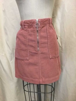 Womens, Skirt, Mini, TOPSHOP, Dusty Rose Pink, Cotton, Solid, 8, Dusty Rose Corduroy, Zip Front with Circle Pull