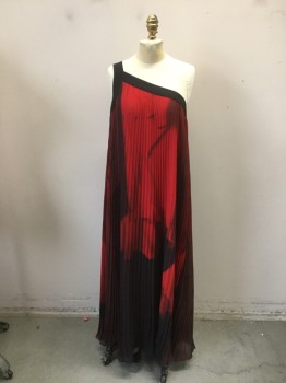 H & M, Black, Red, Polyester, Abstract , Bold Red Print on Black, Right Single Shoulder Strap in Black. Perm Pleated