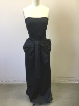 VICTOR COSTA , Black, Polyester, Solid, Strapless, with Oversized Self Bow-Like Pleated Detail at Center Front Waist, Boned Structure at Bust, Wrapped Detail at Front Skirt, Floor Length Hem,
