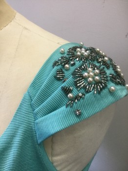 CANDICE GWINN, Aqua Blue, Rayon, Solid, Horizontally Ribbed Texture, Sleeveless, Gathered Straps/Sleeve Caps, Sweetheart Bust, Silver and Pearl Beading at Shoulders and Waistband, Gathered at Waist, Knee Length, Retro Look