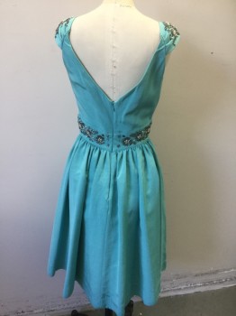 CANDICE GWINN, Aqua Blue, Rayon, Solid, Horizontally Ribbed Texture, Sleeveless, Gathered Straps/Sleeve Caps, Sweetheart Bust, Silver and Pearl Beading at Shoulders and Waistband, Gathered at Waist, Knee Length, Retro Look