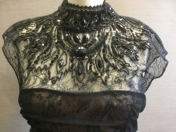 N/L, Black, Champagne, Synthetic, Floral Mesh Upper with Black Beaded and Sequin Starburst From Neck, Mock Turtleneck, Cap Sleeve, Champagne Lining with Floral Lace Overlay and Black Mesh Over the Lace Gathered at Side Seams, Back Zip, Keyhole Back, **Zipper Pull Broken Off***