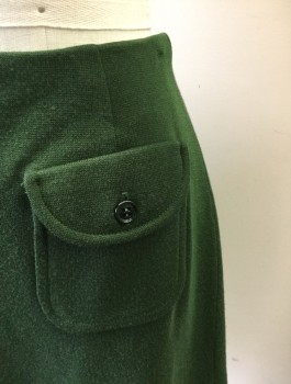 BOBBIE BROOKS, Olive Green, Wool, Solid, Knit, Short Skirt (Hem Above Knee), 2 Patch Pockets at Front with Button Flap Closures, Zipper at Center Back,