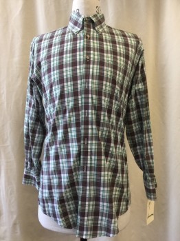 NORDSROM, White, Brown, Green, Red, Purple, Poly/Cotton, Plaid, Button Down Collar, Long Sleeves, 1 Pocket,