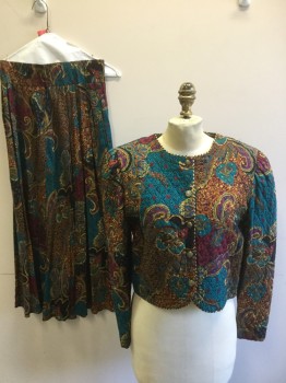 JEFFERY & DARA, Black, Teal Blue, Purple, Red, Burnt Orange, Rayon, Polyester, Paisley/Swirls, Quilted, Long Sleeves, 5 Metal Buttons, Black and Gold Piping, Shoulder Pads