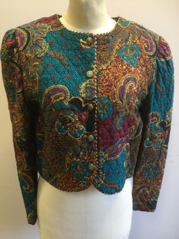 JEFFERY & DARA, Black, Teal Blue, Purple, Red, Burnt Orange, Rayon, Polyester, Paisley/Swirls, Quilted, Long Sleeves, 5 Metal Buttons, Black and Gold Piping, Shoulder Pads