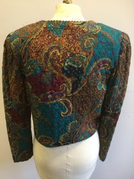 Womens, 1980s Vintage, Suit, Jacket, JEFFERY & DARA, Black, Teal Blue, Purple, Red, Burnt Orange, Rayon, Polyester, Paisley/Swirls, B34, 7/8, Quilted, Long Sleeves, 5 Metal Buttons, Black and Gold Piping, Shoulder Pads