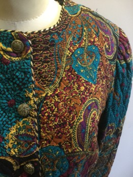 Womens, 1980s Vintage, Suit, Jacket, JEFFERY & DARA, Black, Teal Blue, Purple, Red, Burnt Orange, Rayon, Polyester, Paisley/Swirls, B34, 7/8, Quilted, Long Sleeves, 5 Metal Buttons, Black and Gold Piping, Shoulder Pads