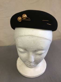 Womens, Hat, BULLOCKS WILSHIRE, Black, Gold, Beaver, Metallic/Metal, Solid, Small Shaped Beret with 2 Hat Pins