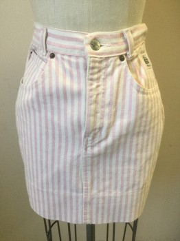 PALMETTO'S, Lt Pink, White, Cotton, Stripes - Vertical , Denim Mini Skirt, Zip Fly, 3 Pockets, Belt Loops,