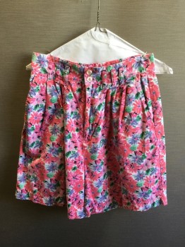 Womens, Shorts, MEMPHIS, Pink, White, Green, Purple, Cotton, Floral, 28, Pleated Front, 2 Pockets, Zip Fly, Belt Loops
