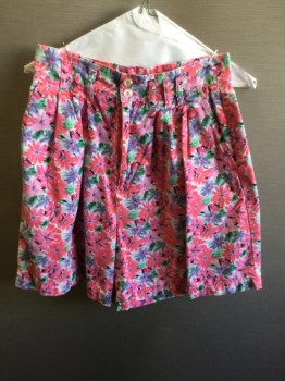 Womens, Shorts, MEMPHIS, Pink, White, Green, Purple, Cotton, Floral, 28, Pleated Front, 2 Pockets, Zip Fly, Belt Loops