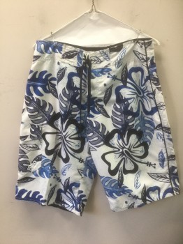Mens, Swim Trunks, BURNSIDE, White, Royal Blue, Navy Blue, Polyester, Leaves/Vines , Tropical , W:30, Navy Shoelace Style Lacing/Ties at Center Front, Velcro Closures at Fly, 1 Cargo Pocket at Hip, 11.5" Inseam