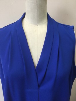 Womens, Shell, CALVIN KLEIN, Royal Blue, Polyester, Spandex, Solid, S, Sleeveless, V-neck with Wrapped Detail, , Double Pleats at Either Side of Neckline, Pullover