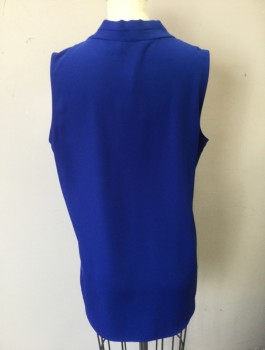 Womens, Shell, CALVIN KLEIN, Royal Blue, Polyester, Spandex, Solid, S, Sleeveless, V-neck with Wrapped Detail, , Double Pleats at Either Side of Neckline, Pullover