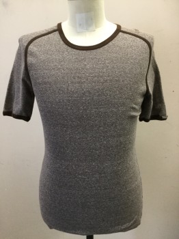 Mens, T-shirt, SCHIESSER, Brown, Cotton, Heathered, S, Raglan Short Sleeves, Solid Brown Ribbed Knit Crew Neck/piping, Shoulder Burn