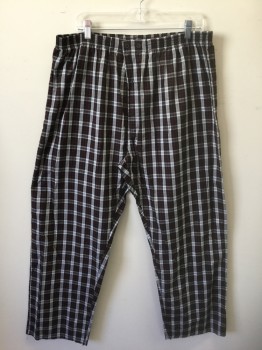 Mens, Sleepwear PJ Bottom, HANES, Black, White, Red, Cotton, Polyester, Plaid-  Windowpane, XL, Black with White and Red Windowpane Stripes, Elastic Waist, 2 Buttons at Center Front Waist