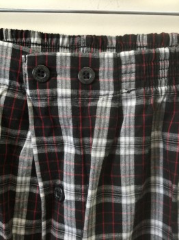 Mens, Sleepwear PJ Bottom, HANES, Black, White, Red, Cotton, Polyester, Plaid-  Windowpane, XL, Black with White and Red Windowpane Stripes, Elastic Waist, 2 Buttons at Center Front Waist