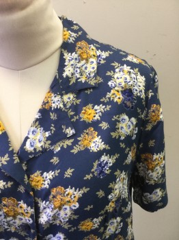 Womens, Dress, Short Sleeve, SERENGETI, Navy Blue, White, Yellow, Olive Green, Rayon, Floral, M, Button Front, Collar Attached, Notched Lapel, Short Sleeves, Hem Below Knee, 2 Pockets, ***Barcode Behind Pocket***