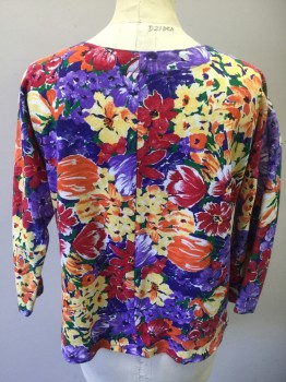 EXPRESS TRICOT, Purple, Red, Yellow, Orange, Gray, Cotton, Polyester, Floral, 3/4 Sleeves, Scoop Neck, Knit,