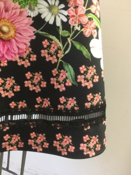 Womens, Dress, Short Sleeve, TED BAKER, Black, Multi-color, Polyester, Elastane, Floral, 0, Black with Multicolor Floral Pattern, Cap Sleeve, Round Neck, Black Lace at Neck, Waistline, and Vertical Stripe From Center Front Neck to Waist, A-Line, Knee Length, Black Open Lacework Near Hem