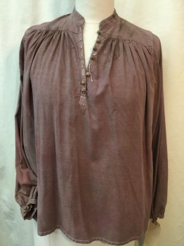 MTO, Brown, Cotton, Solid, Dusty Brown, Stand Collar Attached, Wooden Round Button Front (MISSING 1 BUTTON), Yoke Front & Back, Long Sleeves, (DISTRESSED & AGED ALL OVER),