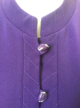 J. HOWARD, Purple, Polyester, Solid, Silver/Purple Barrel Shaped Buttons with Loops, Princess Seams, Mandarin Collar, Diagonal Stitching Detail Collar/Placket
