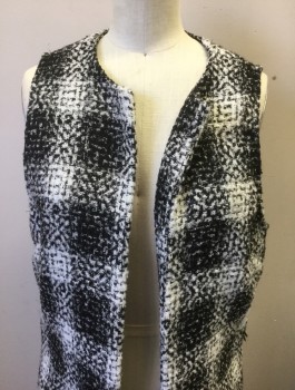 Womens, Vest, BCBG, Black, White, Wool, Plaid, Speckled, S, Coat Length Vest, Nubby Texture, Open at Center Front with No Closures, 2 Patch Pockets