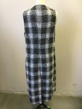 Womens, Vest, BCBG, Black, White, Wool, Plaid, Speckled, S, Coat Length Vest, Nubby Texture, Open at Center Front with No Closures, 2 Patch Pockets