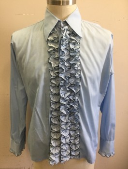 Mens, Formal Shirt, L&M FASHIONS, Baby Blue, Black, Poly/Cotton, Solid, Slv:35, 16.5, Long Sleeve Button Front, Long Collar Attached, Ruffle Front with Black Overlocked Edges, French Cuffs with Ruffle,
