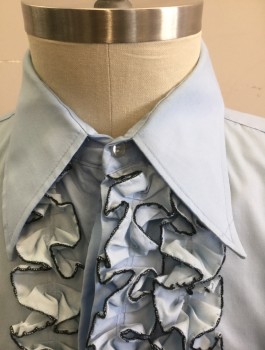 Mens, Formal Shirt, L&M FASHIONS, Baby Blue, Black, Poly/Cotton, Solid, Slv:35, 16.5, Long Sleeve Button Front, Long Collar Attached, Ruffle Front with Black Overlocked Edges, French Cuffs with Ruffle,