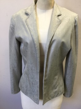 Womens, 1990s Vintage, Suit, Jacket, ADRIANNA PAPELL, Sage Green, Silk, B:36, Self Crosshatch Pattern, L/S, Notched Lapel, Open Front, Clear Beaded Edges, Piping Trim