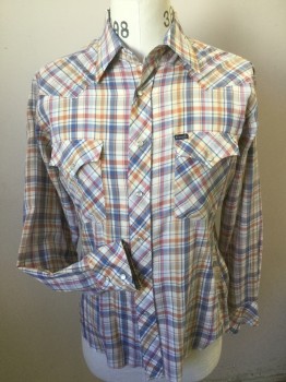 WRANGLER, Almond, Blue, Red, Tan Brown, Polyester, Cotton, Plaid, Pearl Snap Front, 2 Pockets, Long Sleeves, Western Yoke,