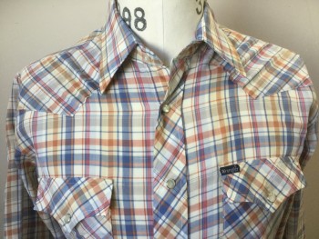 WRANGLER, Almond, Blue, Red, Tan Brown, Polyester, Cotton, Plaid, Pearl Snap Front, 2 Pockets, Long Sleeves, Western Yoke,