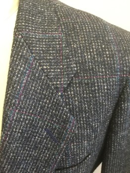Mens, Blazer/Sport Co, AUSTIN GREY, Faded Black, Wool, Speckled, Plaid - Tattersall, 42L, with Beige Specks, Faint Teal and Purple Dashed Tattersall Grid Lines, Single Breasted, Notched Lapel, 2 Buttons