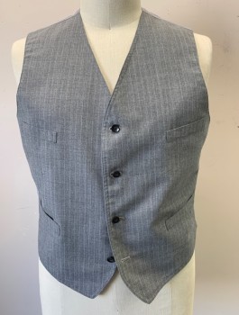SIAM COSTUMES , Gray, White, Wool, Stripes - Pin, Single Breasted, V-neck, 4 Buttons, 4 Welt Pockets, Solid Gray Back with Self Belt Attached at Back Waist, Made To Order