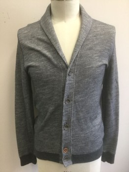 Mens, Cardigan Sweater, HUGO BOSS ORANGE, Medium Gray, Cotton, Wool, Heathered, Solid, L, Jersey/Sweatshirt Like Material, Long Sleeves, Shawl Collar, 5 Button Front