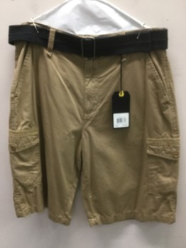 Mens, Shorts, BH POLO CLUB , Khaki Brown, Cotton, Polyester, Solid, 36, Khaki, Cargo, Flat Front, Zip Front, 6 Pockets, with Black Web Belt
