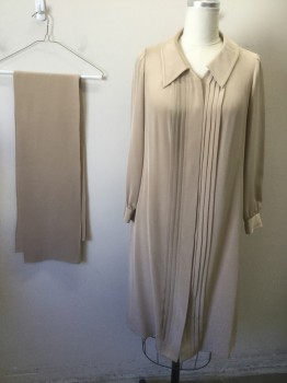 ERIC WINTERLING INC, Beige, Silk, Solid, Long Sleeve Shirt Dress, Button Front, Collar Attached, Vertical Pleats at Center Front at Either Side of Button Placket, Mid-Calf Length, Made To Order, **Comes with Matching Fabric Scarf  **Has Some Damage at Left Hip, See Photo