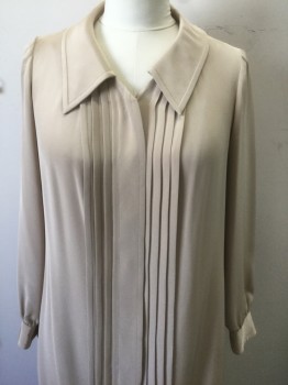 ERIC WINTERLING INC, Beige, Silk, Solid, Long Sleeve Shirt Dress, Button Front, Collar Attached, Vertical Pleats at Center Front at Either Side of Button Placket, Mid-Calf Length, Made To Order, **Comes with Matching Fabric Scarf  **Has Some Damage at Left Hip, See Photo