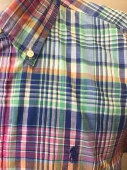 Mens, Casual Shirt, RALPH LAUREN, Multi-color, Cotton, Plaid, M, Blue/Green/Orange/Purple/White Plaid, Short Sleeve Button Front, Collar Attached, Button Down Collar, Slim Fit, Doubles,