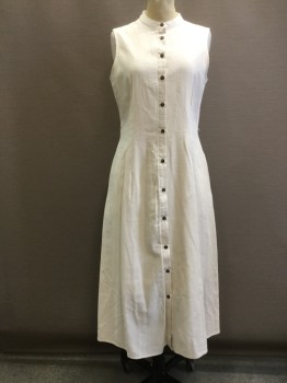 WHO WHAT WEAR, Cream, Linen, Rayon, Solid, Button Front All the Way Down, Band Collar, Sleeveless, Calf Length, Darted Pleats, 2 Pockets
