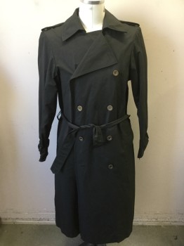Mens, Coat, Trenchcoat, N/L, Faded Black, Polyester, Solid, 40, Made To Order, Double Breasted, Epaulets, Self Belt