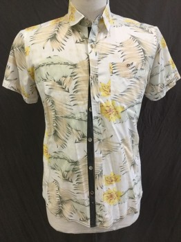 Mens, Hawaiian Shirt, FREE PLANET, Off White, Olive Green, Mint Green, Yellow, Black, Cotton, Floral, Leaves/Vines , M, Off White with Palm Leaves & Floral Print, Collar Attached, Button Front, Heather Charcoal Underneath Placket, 1 Pocket, Short Sleeves,