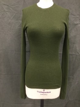 Womens, Pullover, N/L, Dk Olive Grn, Wool, Solid, XS, Thin Sweater, Long Sleeves, Ribbed Knit Crew Neck